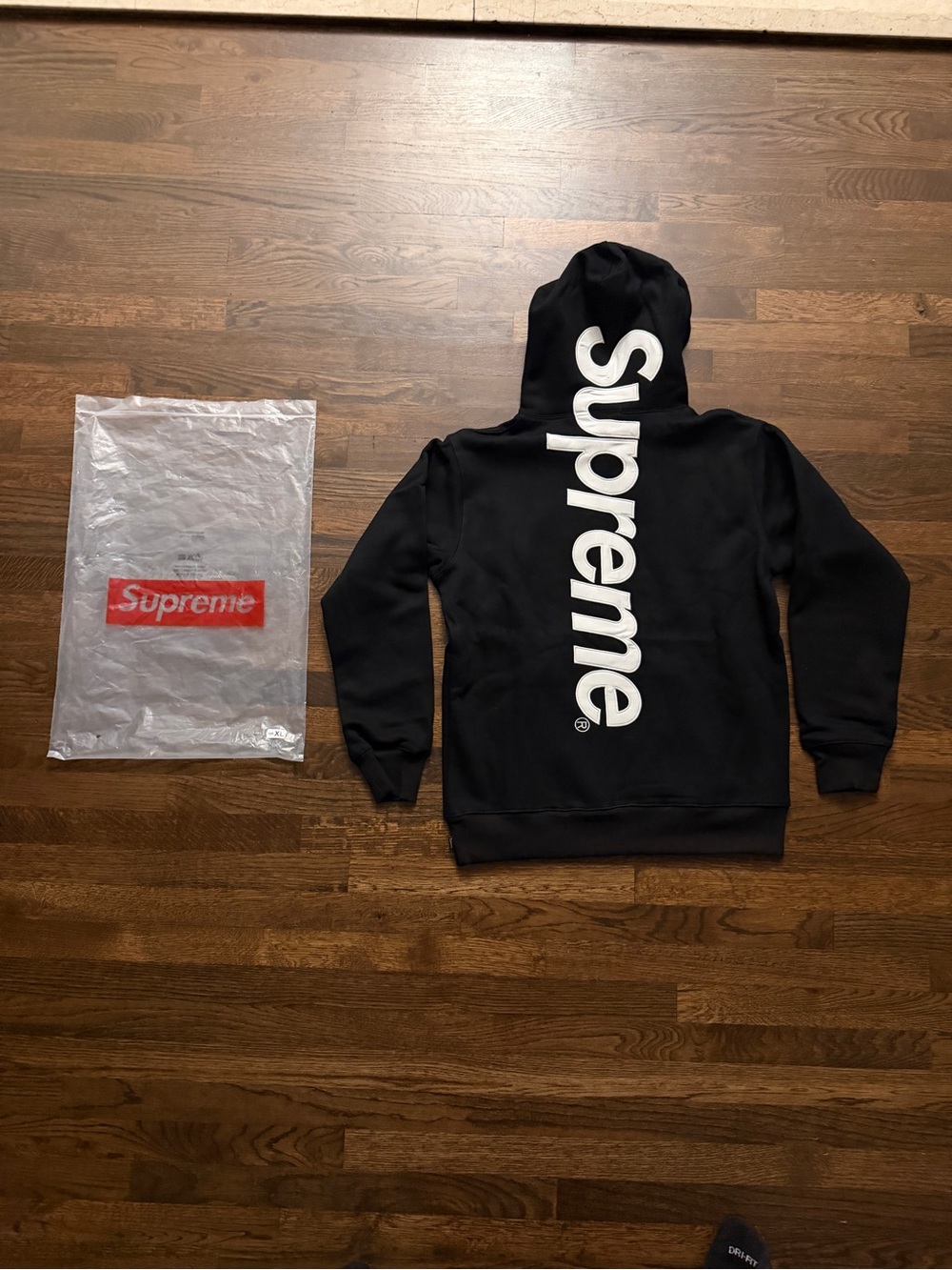 Supreme Black Hoodie with White Vertical Logo - Men's Zip-Up Sweater